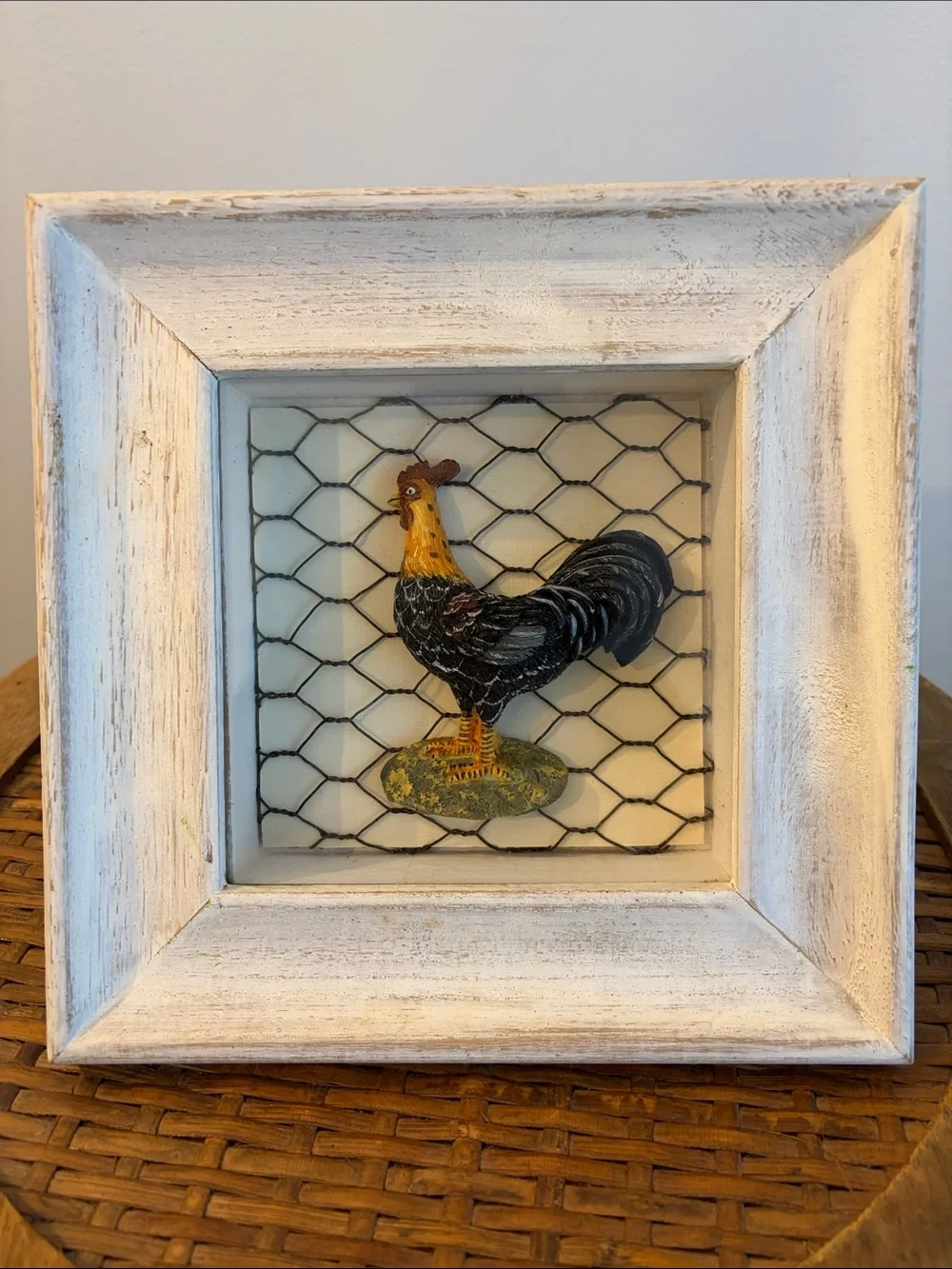 Rustic White Framed Rooster Wall Art - Farmhouse Accent